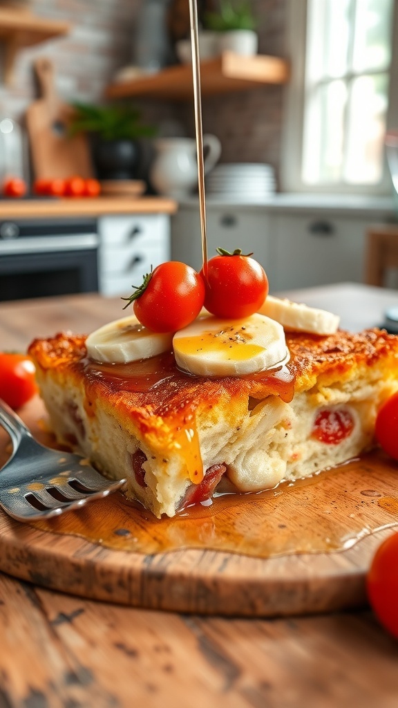 Banana French toast casserole with tomatoes, served on a wooden table with maple syrup.